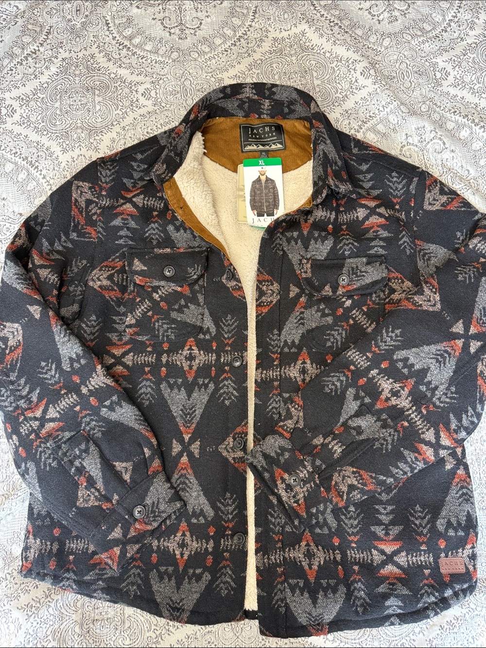 Jachs Black Tribal-Pattern Sherpa-Lined Shirt Jacket with Rust Accents - XLq